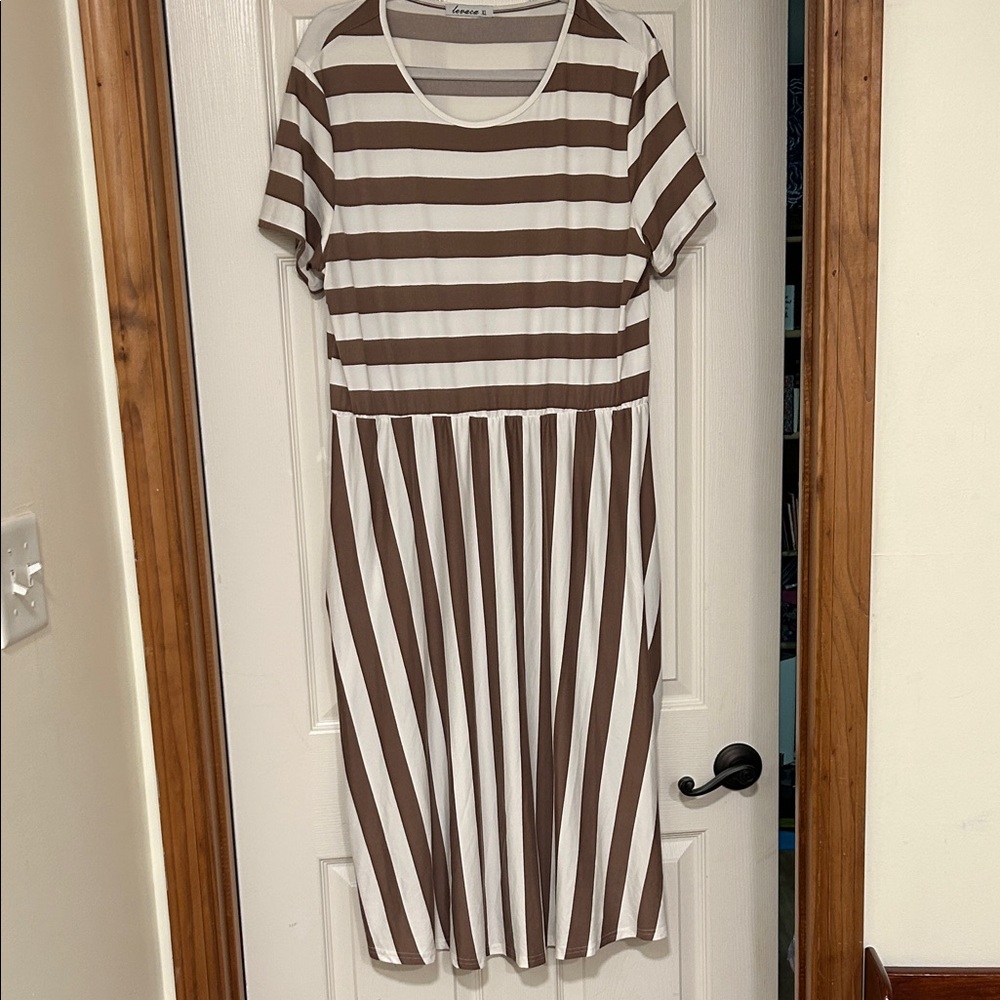 Striped Brown & White Midi Dress with pockets